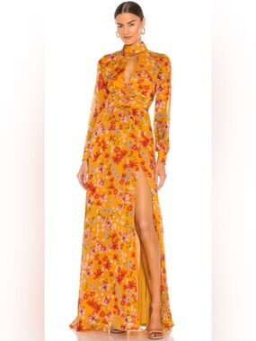Sau Lee Carolina Gown Dress Yellow Multi Floral NWT Maxi Open Back Silk Size 4